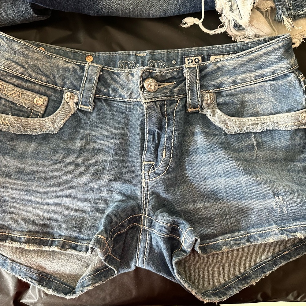 Miss Me Blue Jean Shorts with Frayed Hem and Distressed Details
